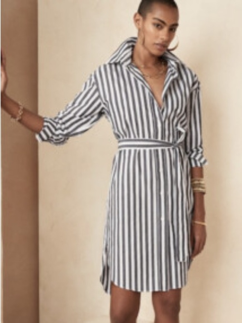 BANANA REPUBLIC Dark Gray Stripe POPLIN SHIRTDRESS Petite XS